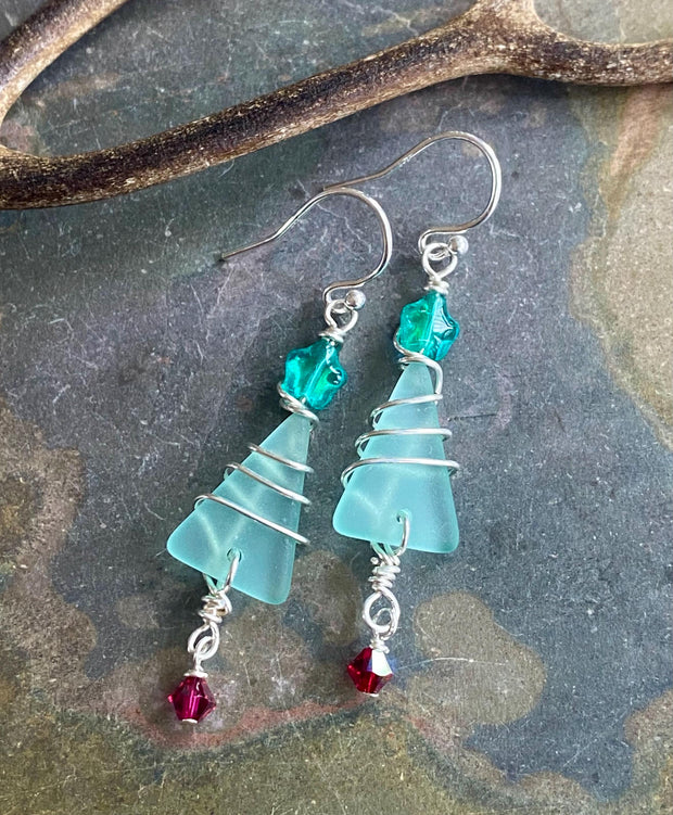 Christmas Tree Earrings, Sea Glass Tree Dangling Earrings, Holiday tree Earrings,