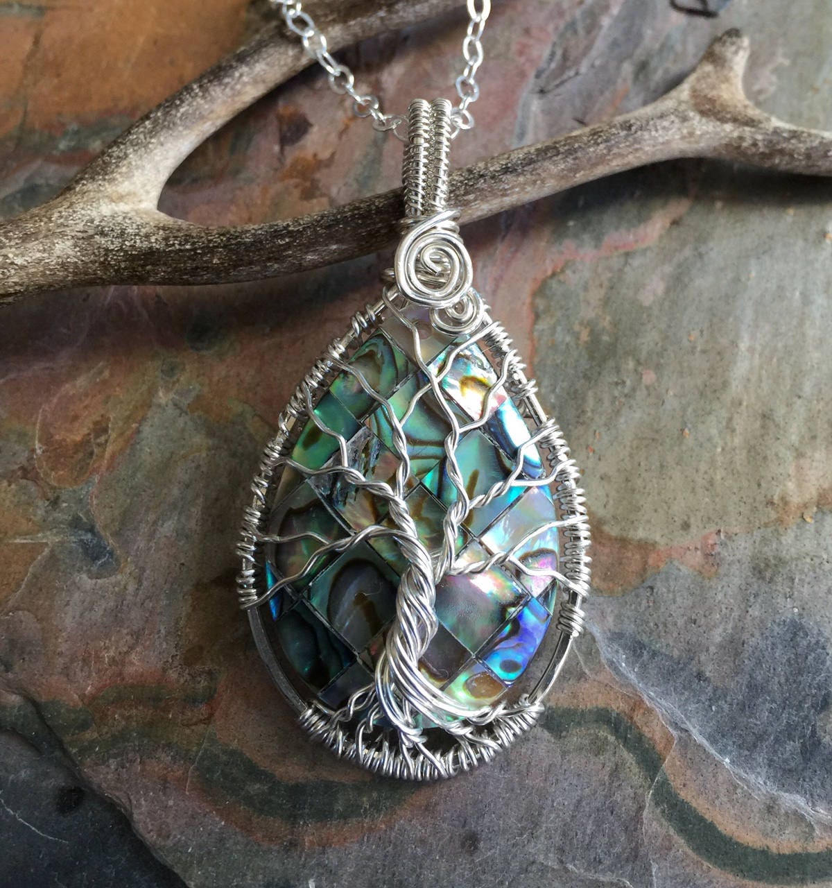 Ready Ship in 1 to 2 days, sterling silver,Abalone Tree of Life Necklace,Wire Wrapped Abalone Tree of Life Necklace, Tree of Life Jewelry