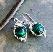 May Birthstone Malachite Earrings in Gold, Hand Wire Wrapped Malachite Dangling Earrings in Natural Copper, Green Malachite Gold Jewelry,