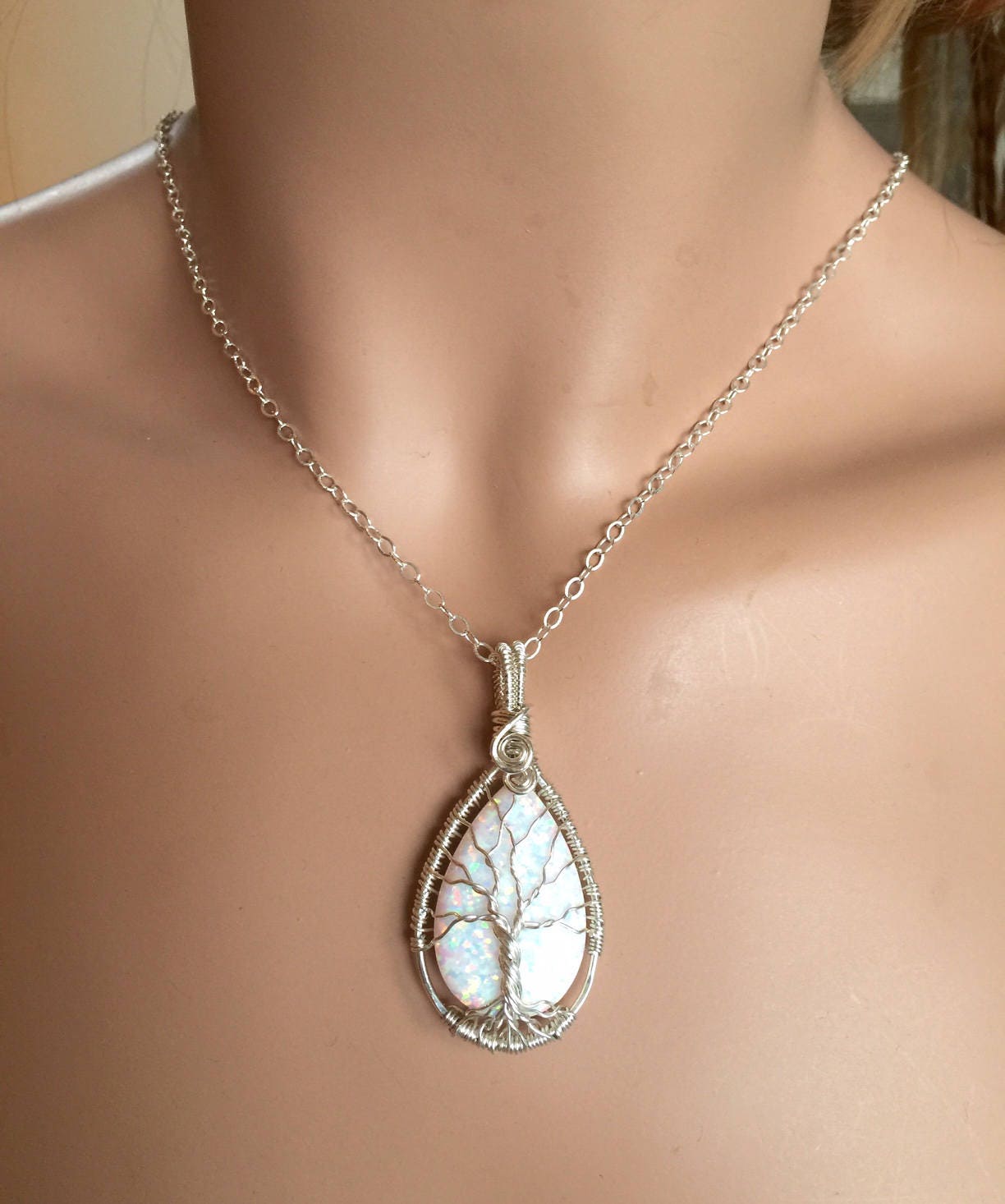 Opal Pendant, Fast READY Ship in 1 to 2 days, STERLING SILVER White Opal Necklace, October Birthstone Necklace, Opal Tree of Life Necklace