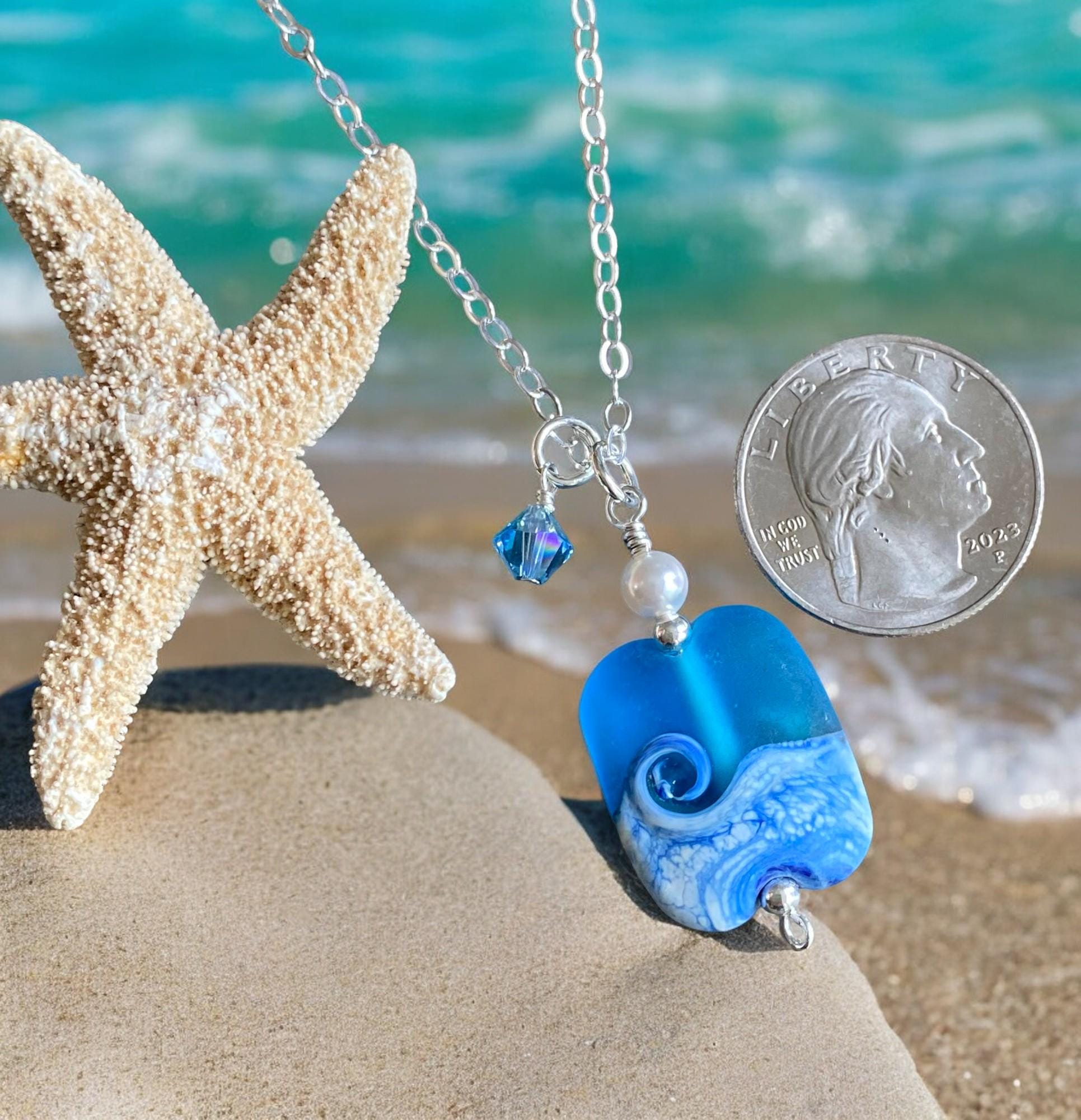 Wave Necklace, Lapmwork Ocean Wave Necklace, Blue Beach Wave Necklace, Beach Wave Jewelry, Blue Sea Glass Necklace sterling silver