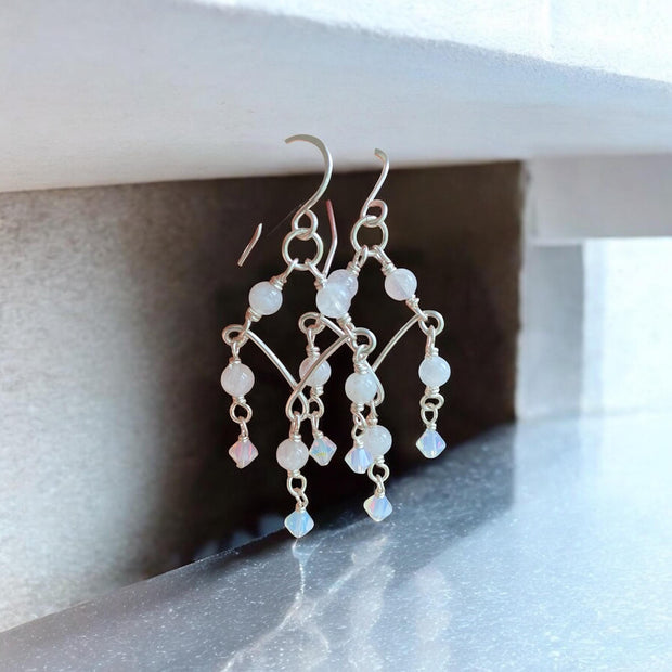 Moonstone Chandelier Earrings in Sterling Silver, Blue Flash Moonstone & Swarovski Crystal Dangles | Statement Bridal Earrings,