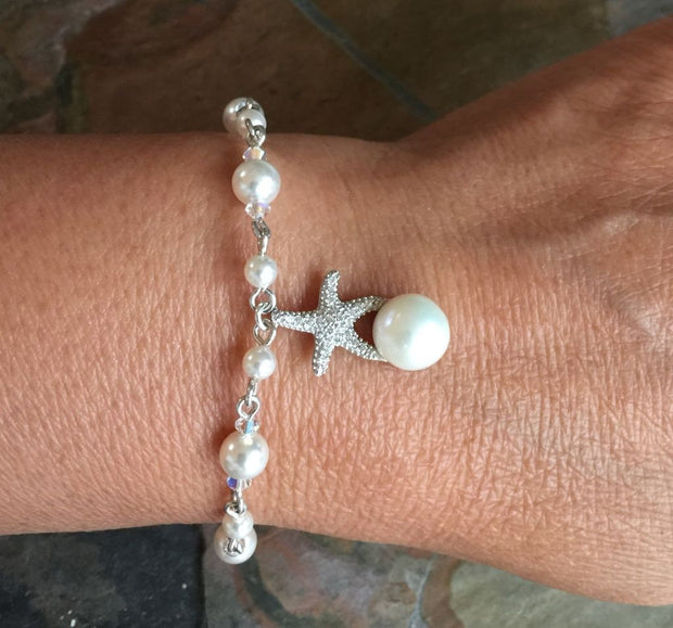 Starfish Charm Pearl Crystal Bracelet,Beach Starfish Necklace & Earrings, Starfish Ocean theme jewelry,Bridal Bracelet, Bridesmaid bracelet