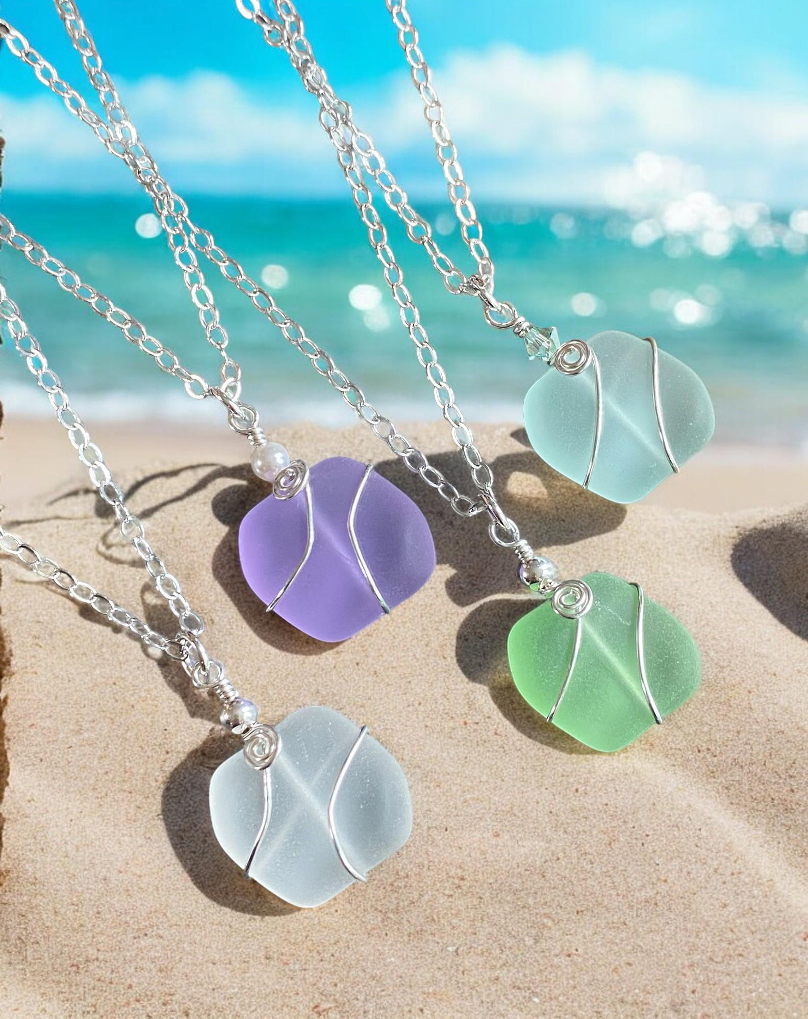 Sea Glass Pendant Necklace, Wire Wrapped Beach Glass Necklace, Sterling Silver Sea Glass, Blue, Green, Periwinkle & White Sea Glass Necklace