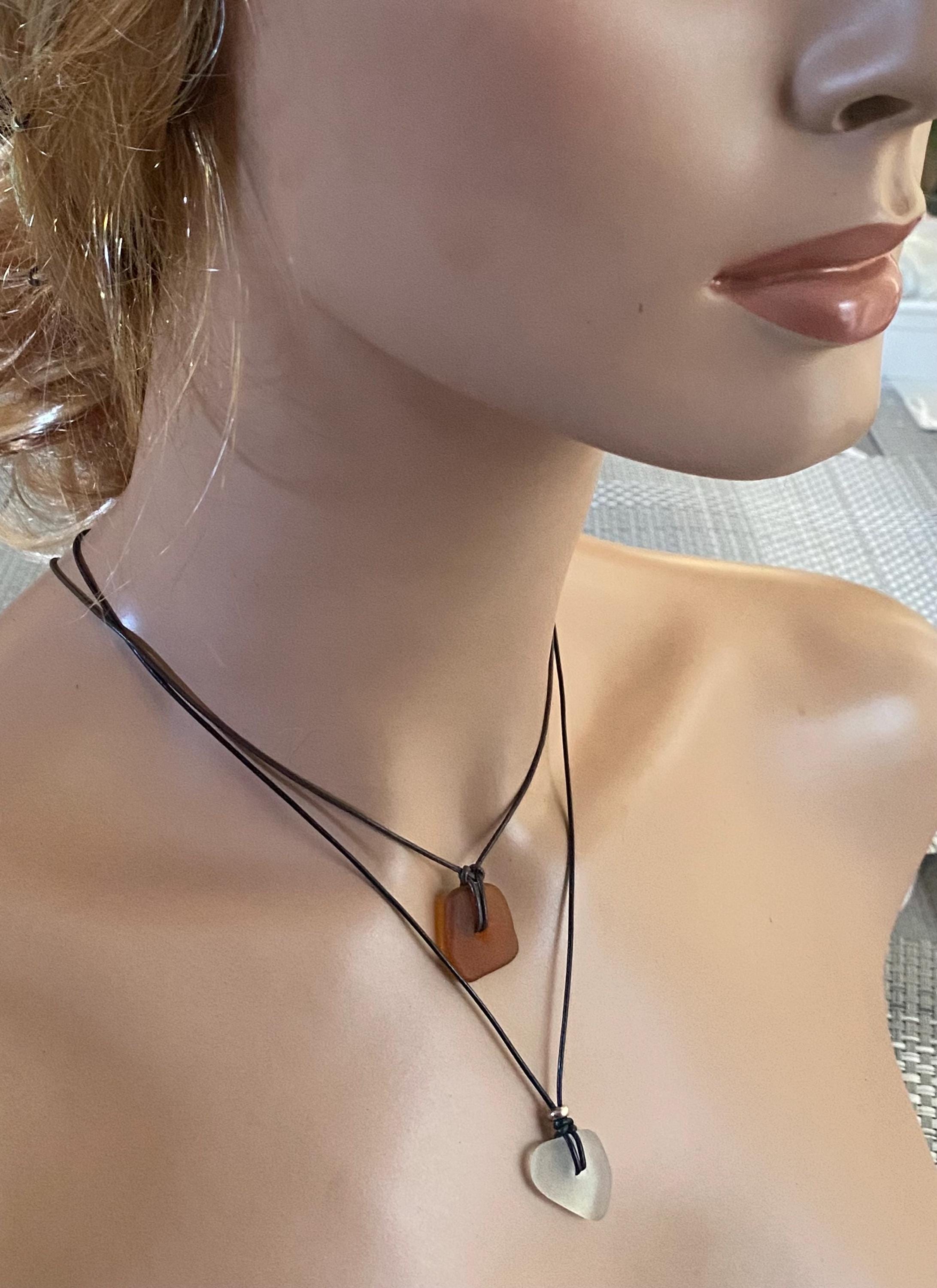 Sea Glass Pendant in Leather & Sterling Silver Beads, Surfer Gifts for Men, Beach Lovers Necklace, Beach Glass Necklace,