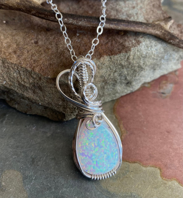 White Opal Necklace,STERLING Silver October Opal Birthstone Necklace,Wire Wrapped Lab Created White Opal Necklace,