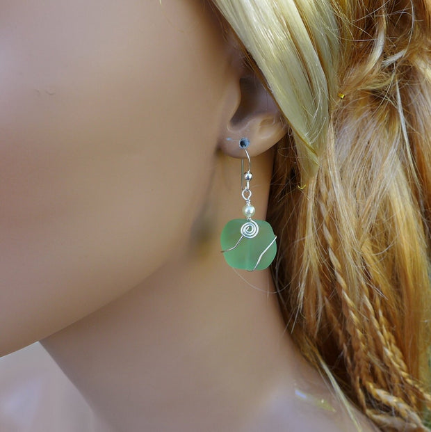 Green Beach Glass Earrings in Sterling Silver Earwires, May Birthstone Sea Glass Earrings, Green sea glass dangle earrings, Beach Earrings
