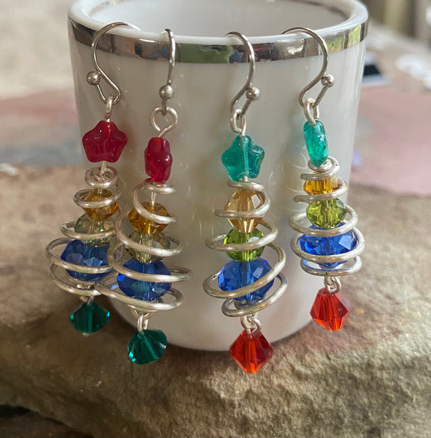 READY to  SHIP in 1 to 2  days, Christmas Tree Earrings, Wired Christmas Earrings, Swirled Christmas Tree dangling Earrings, Holiday jewelry