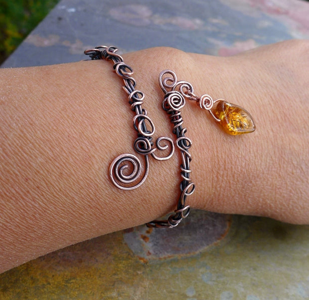 Wire Wrpped Antiqued Copper Bracelet ,Adjustable  Wire Wrapped bracelet,Copper Bangle/Cuff Filigree  bracelet Filigree Leaf  Vine Bracelet