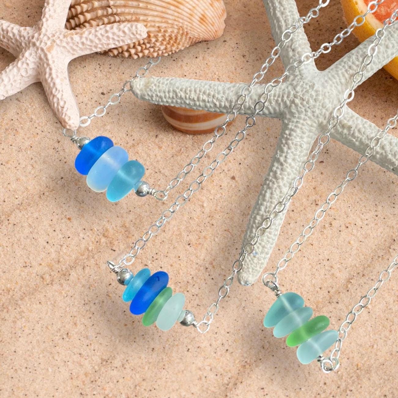 Sea Glass Necklace Beach Style Pendant with Sterling Silver Chain, Minimalist Design Ocean Light Weight Bohemian Necklace, Choose Colors