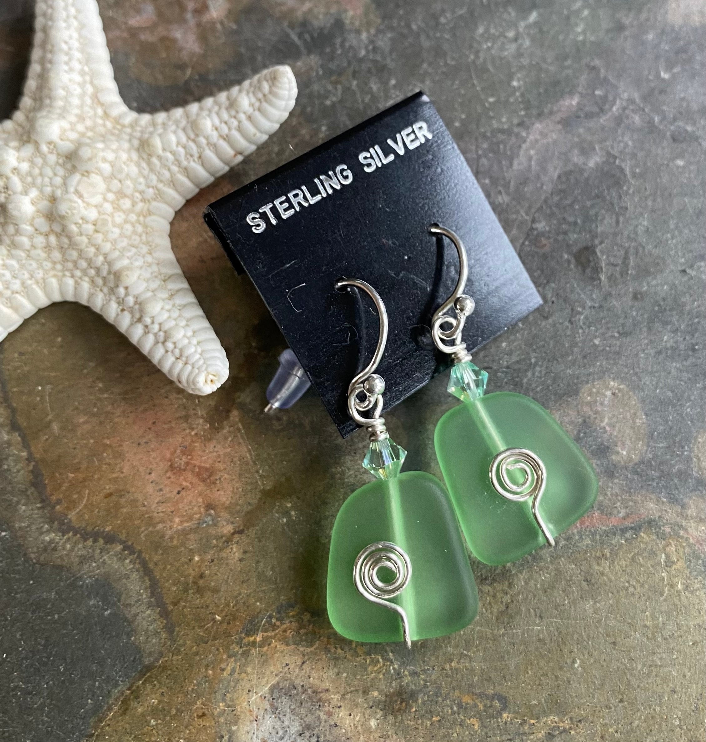 STERLING SILVER Green Sea Glass Earrings, Light Green  Sea Glass Earrings, Beach Weddings, Beach Glass Jewelry, Peridot Sea glass Earrings,