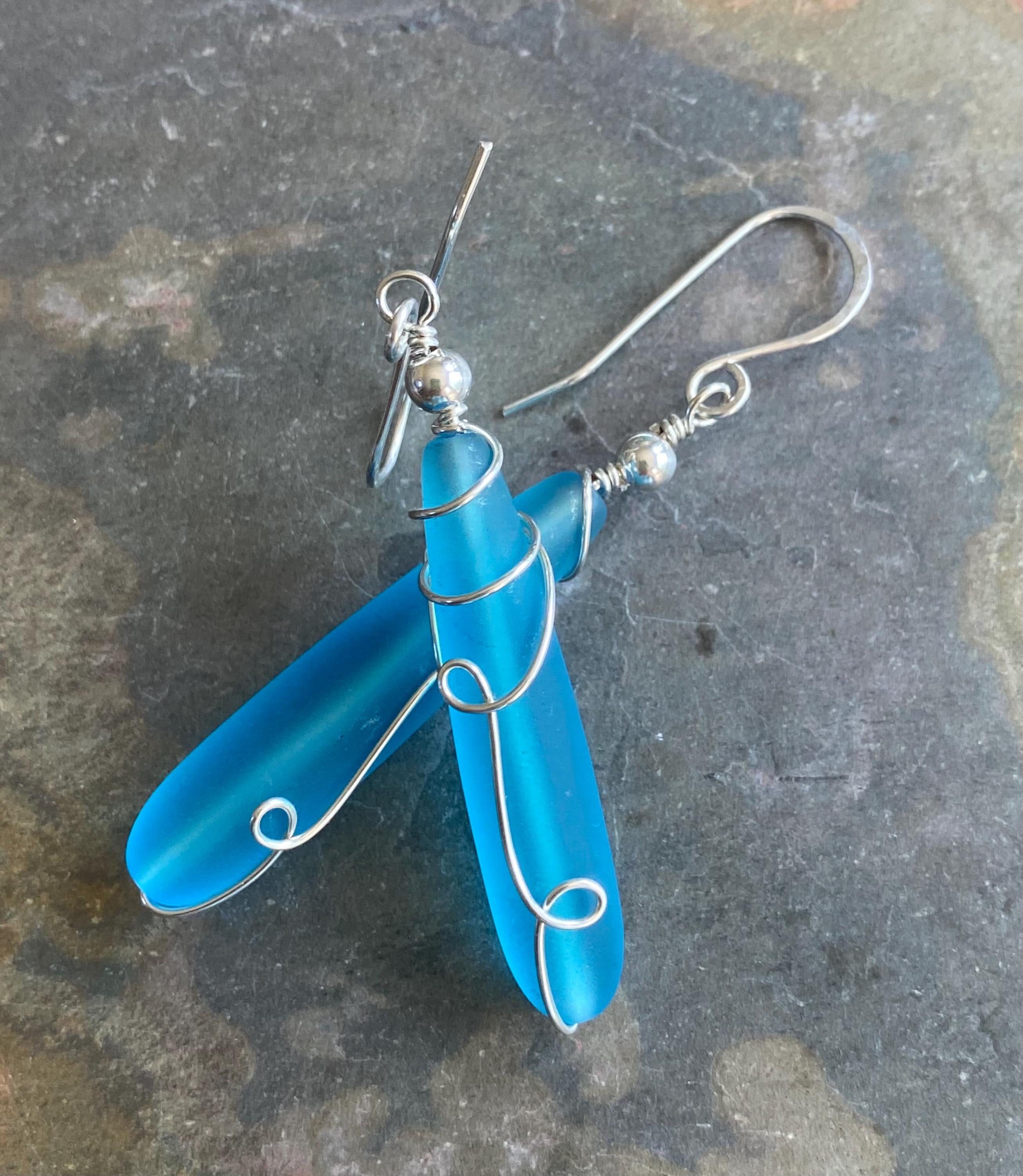 Wire wrapped Long Sea Glass Earrings in Sterling Silver, Pacific Blue Sea Glass Silver Earrings,Beach Weddings,Sea Glass Jewelry,Beach Glass