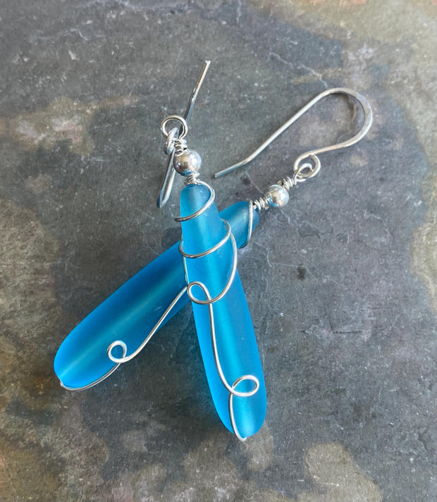 Wire wrapped Long Sea Glass Earrings in Sterling Silver, Pacific Blue Sea Glass Silver Earrings,Beach Weddings,Sea Glass Jewelry,Beach Glass