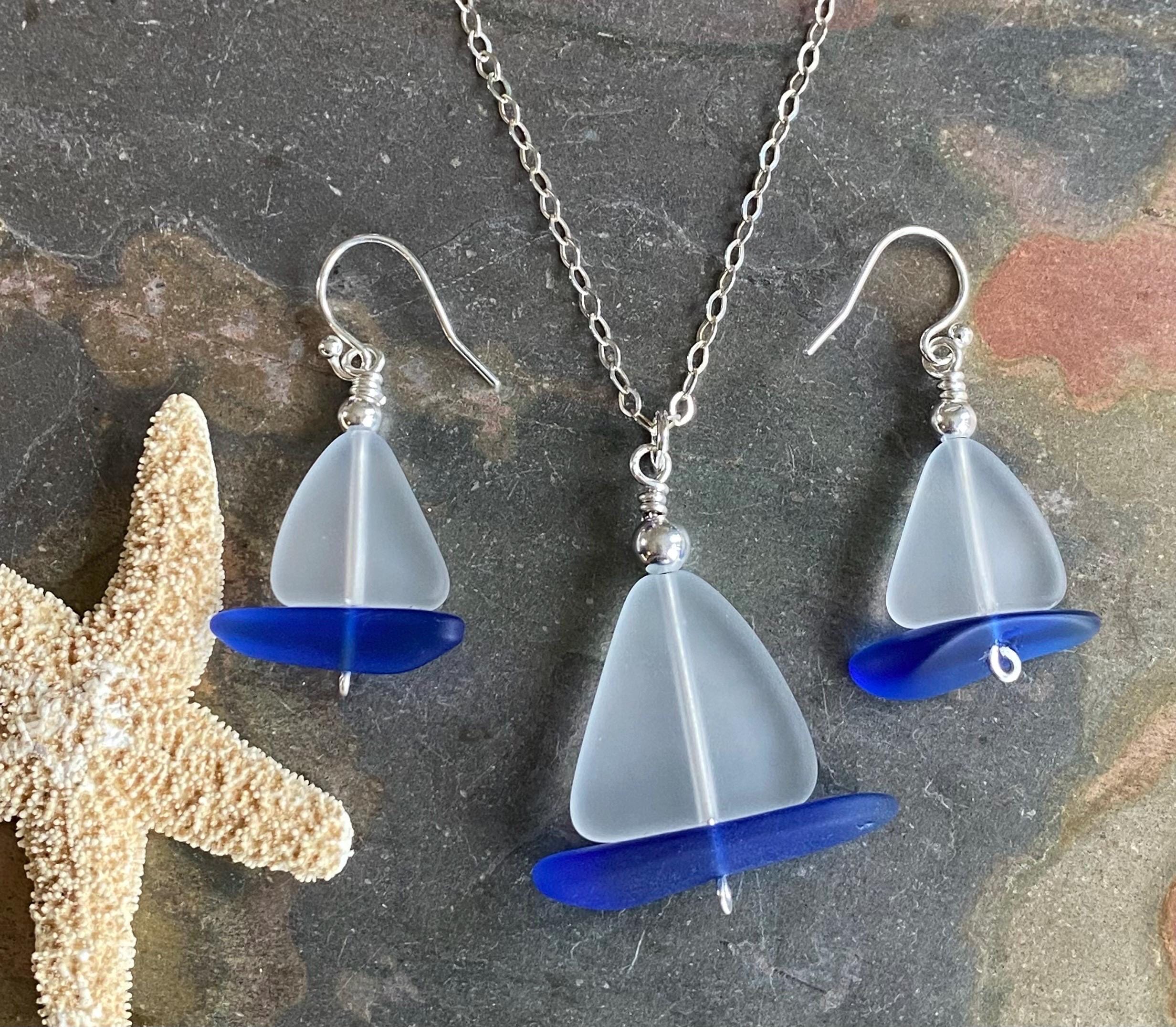 White Sea Glass Sailboat Earrings in Sterling Silver, Ocean-Inspired Beach Glass Sailboat Necklace and Earring SET,  Nautical Beach Jewelry"