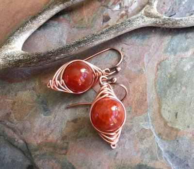Wire Wrapped Fire Agate Earrings, Orange Fire Agate Gemstone Earrings, Agate Herringbone Earrings in Copper, Fire Agate Copper Earrings,