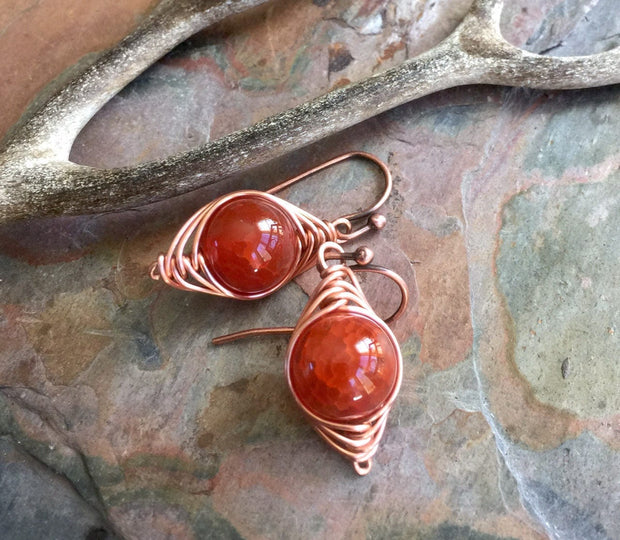 Wire Wrapped Fire Agate Earrings, Orange Fire Agate Gemstone Earrings, Agate Herringbone Earrings in Copper, Fire Agate Copper Earrings,