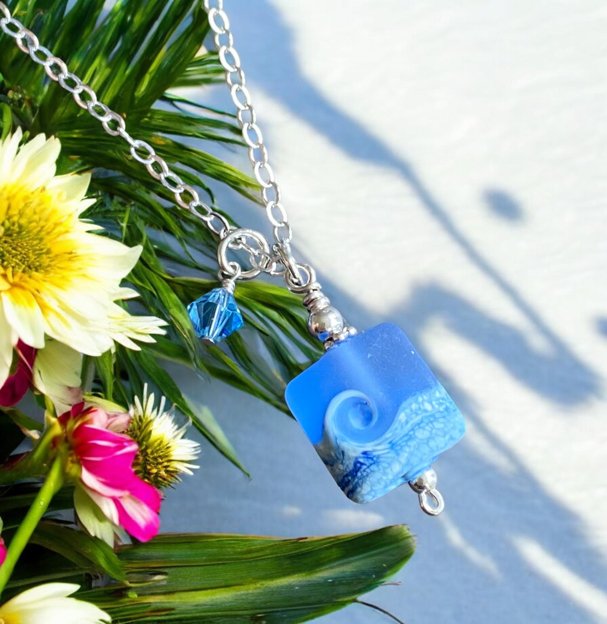 Ocean Beach Wave Necklace, Blue Beach Wave Necklace,Ocean Wave Lampwork Pendant, Beach Wave Jewelry, Blue Sea Glass Necklace sterling silver