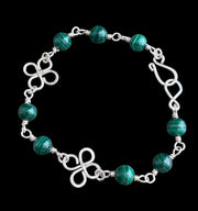 Clover Bracelet Malachite in Sterling Silver, Wire Wrapped Celtic Clover Bracelet,