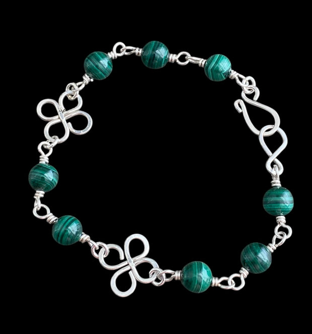 Clover Bracelet Malachite in Sterling Silver, Wire Wrapped Celtic Clover Bracelet,