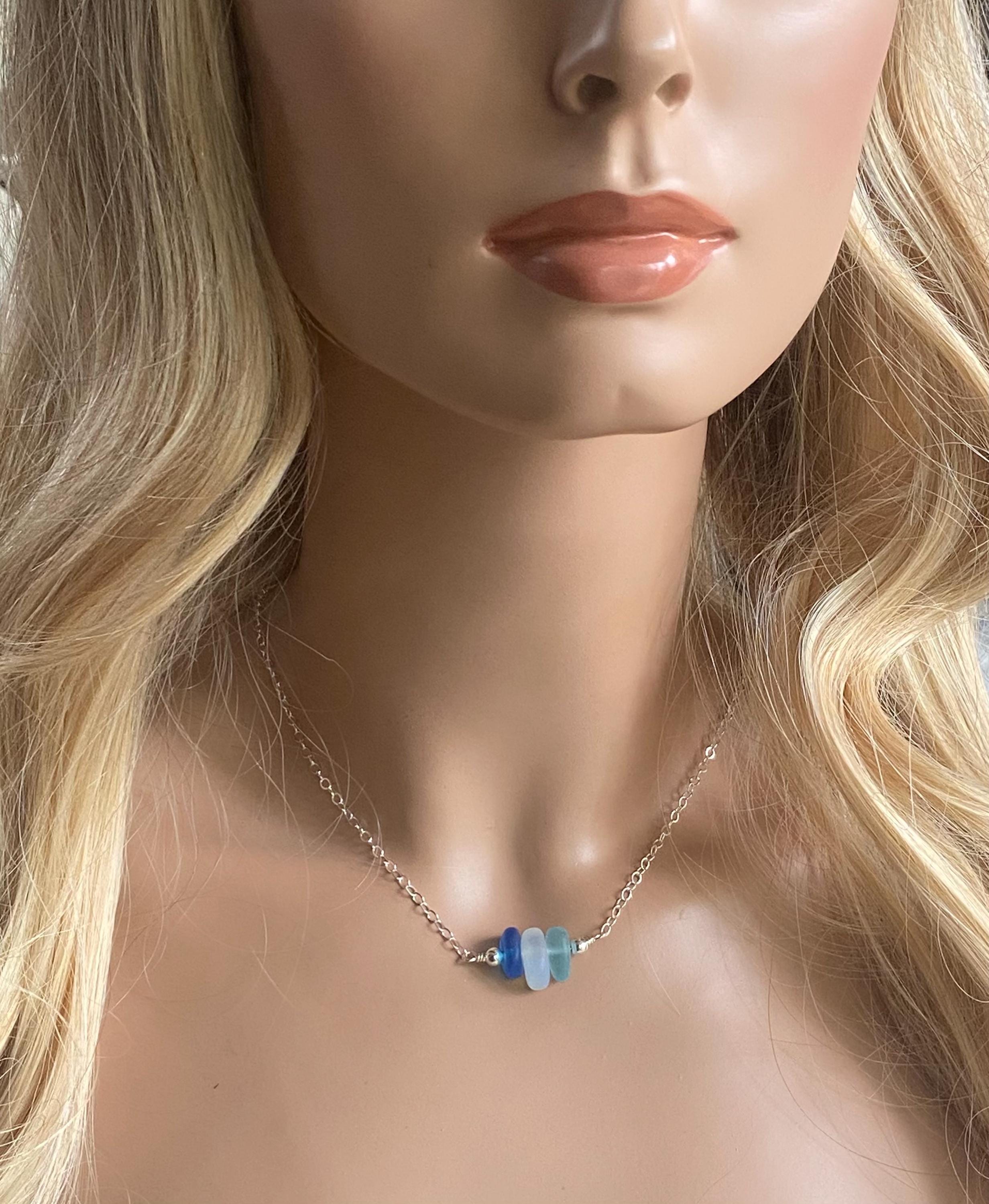 Sea Glass Necklace Beach Style Pendant with Sterling Silver Chain, Minimalist Design Ocean Light Weight Bohemian Necklace, Choose Colors