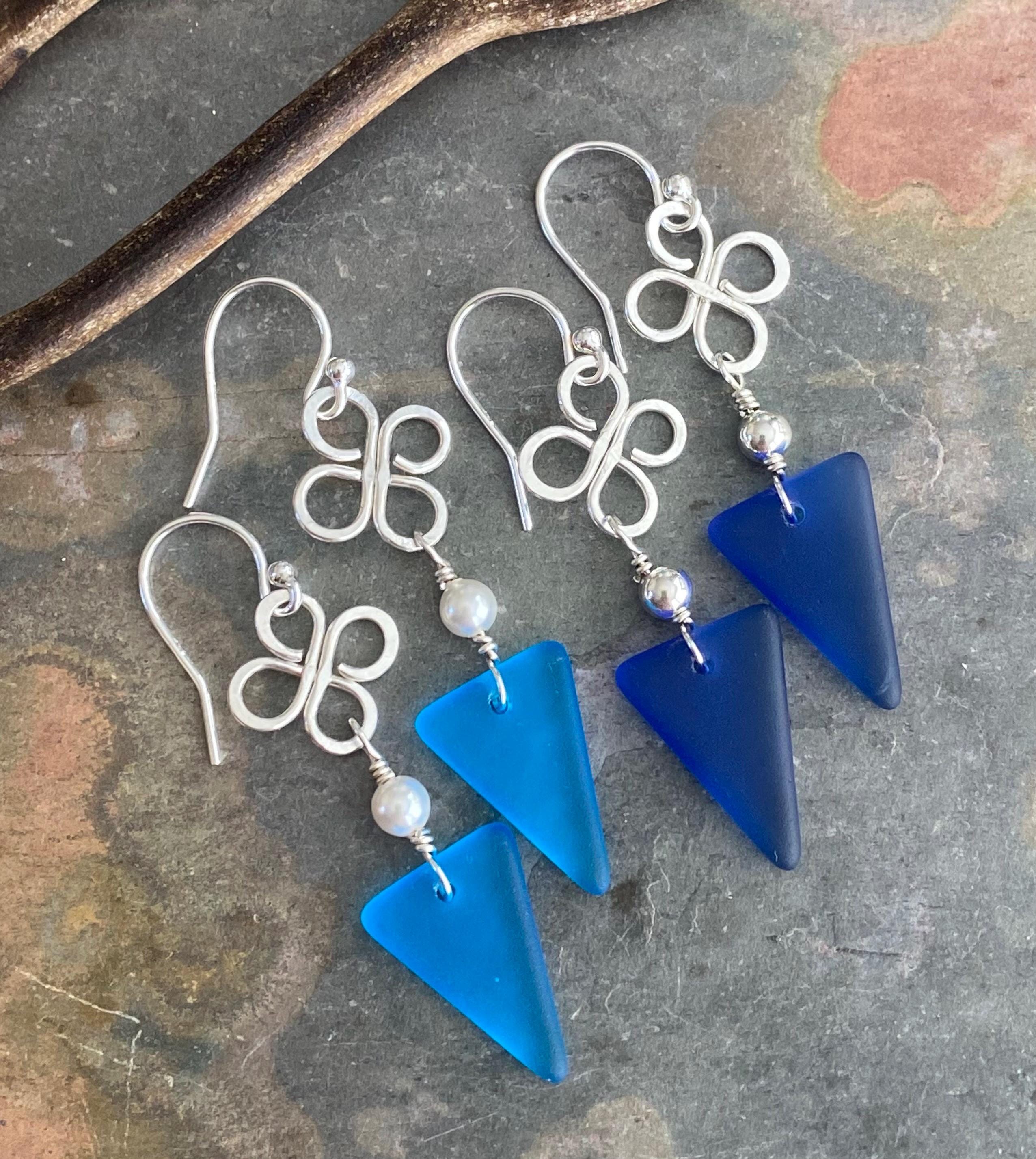 Celtic Inspired Sea Glass Dangling Earrings, Sterling Silver Clover Coastal Style Sea Glass Jewelry, Wired Lucky Charm Sea Glass Earrings