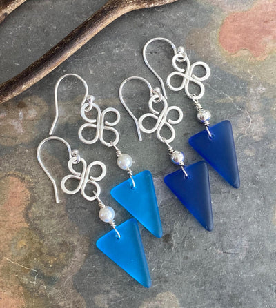 Celtic Inspired Sea Glass Dangling Earrings, Sterling Silver Clover Coastal Style Sea Glass Jewelry, Wired Lucky Charm Sea Glass Earrings