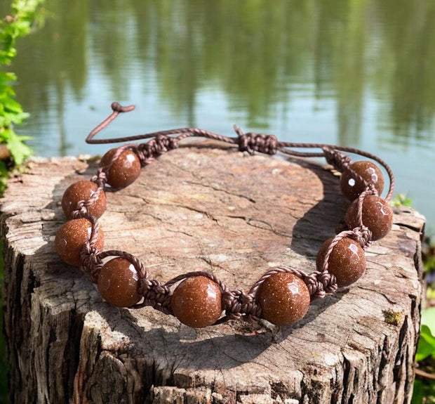 Macramé Goldstone Bracelet with Sliding Knot ,Bohemian Design Jewelry, Boho Style Stone Beaded Adjustable  Bracelet, Brown Bracelet,