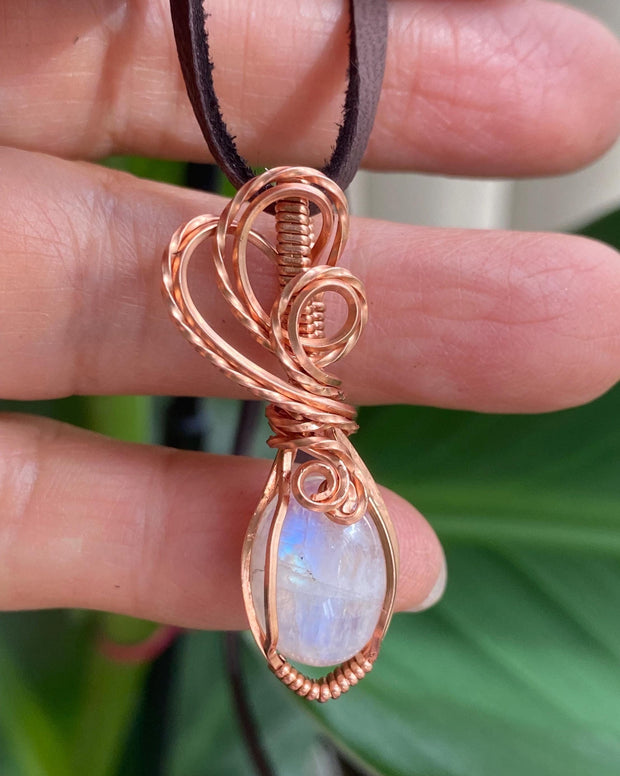 Wire Wrapped Moonstone Necklace in Natural  Copper,Rainbow Moonstone Necklace, Blue Flashing Moonstone Necklace,June Birthstone necklace