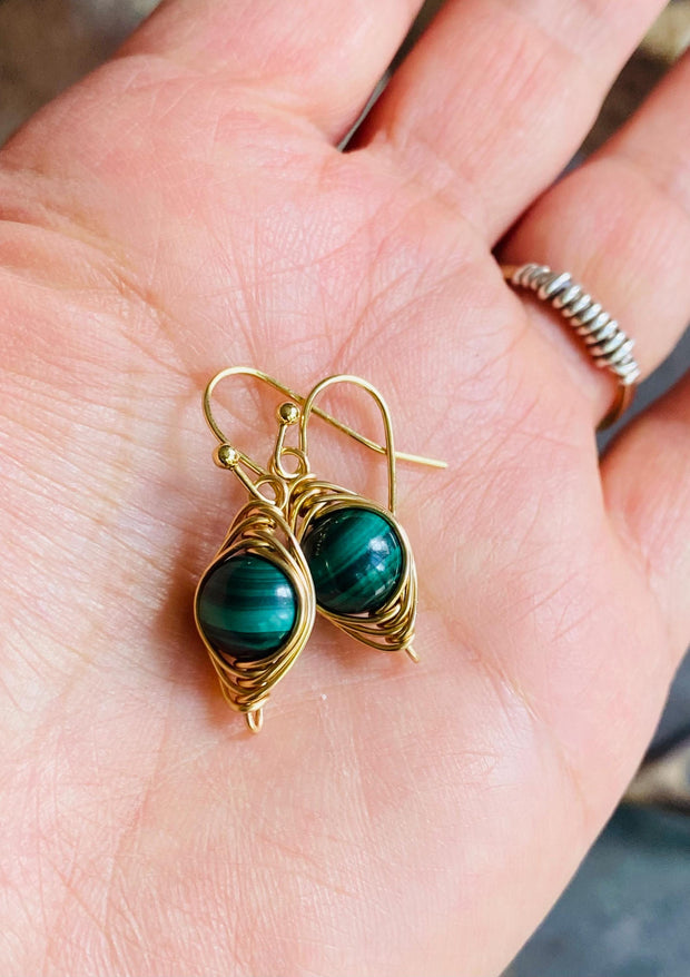 May Birthstone Malachite Earrings in Gold, Hand Wire Wrapped Malachite Dangling Earrings in Natural Copper, Green Malachite Gold Jewelry,