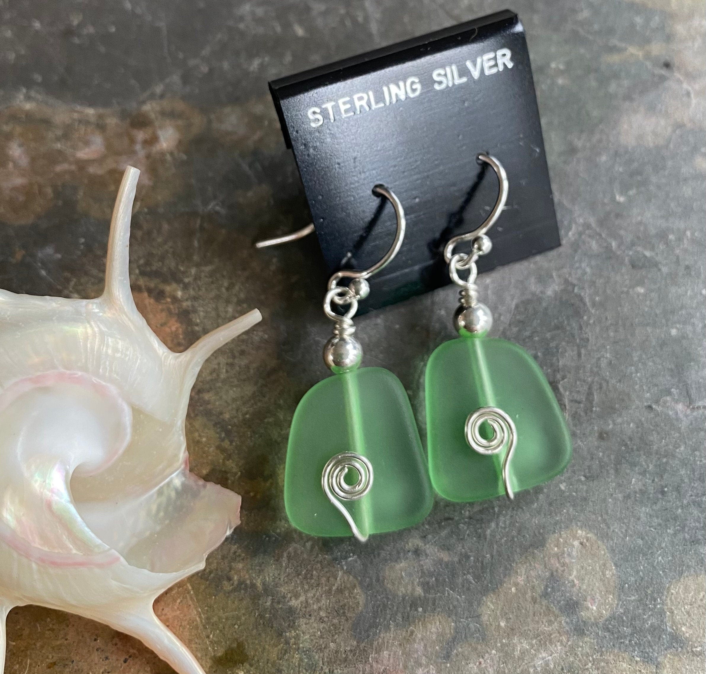 STERLING SILVER Green Sea Glass Earrings, Light Green  Sea Glass Earrings, Beach Weddings, Beach Glass Jewelry, Peridot Sea glass Earrings,