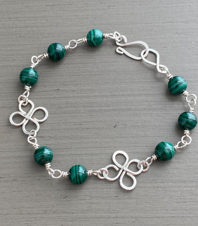 Clover Bracelet Malachite in Sterling Silver, Wire Wrapped Celtic Clover Bracelet,