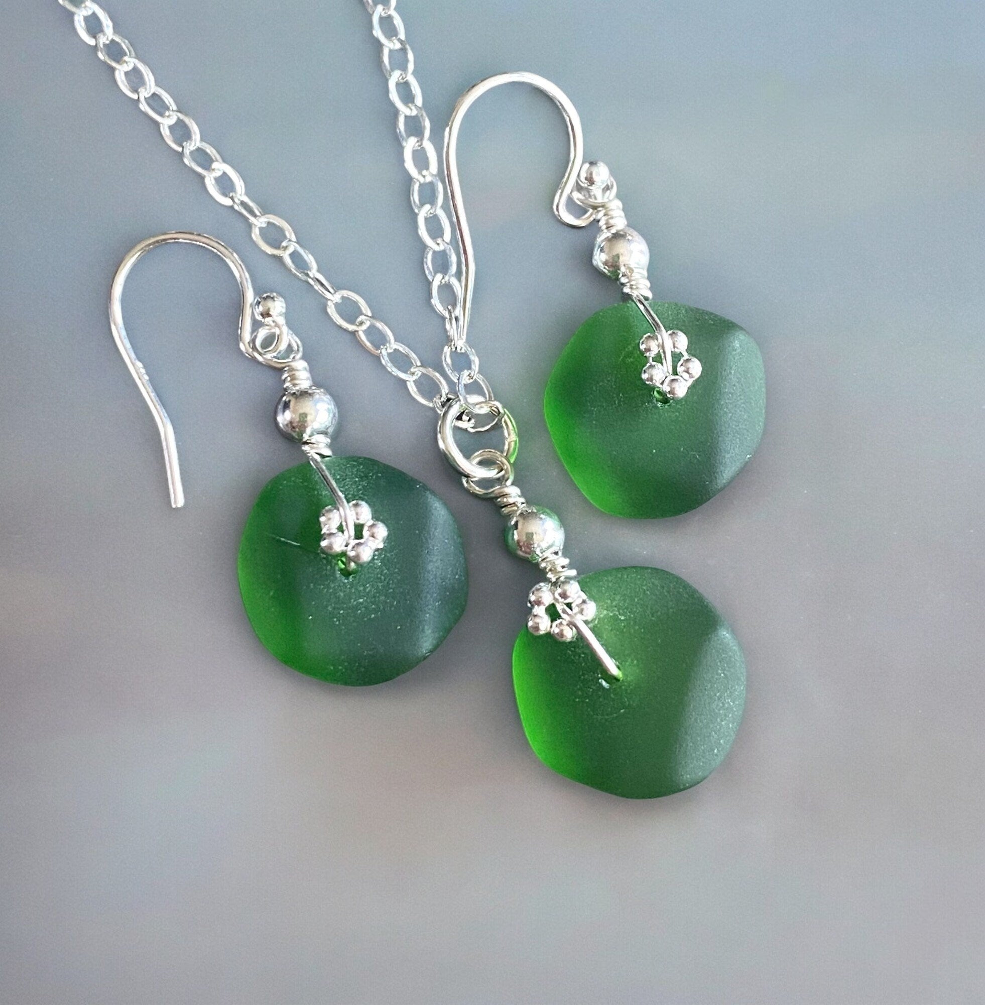 Green Beach Glass Jewelry, Shamrock Green Sea Glass  Necklace and Earrings in Sterling Silver, Sea Glass Necklace,  Sea Glass Jewelry SET,