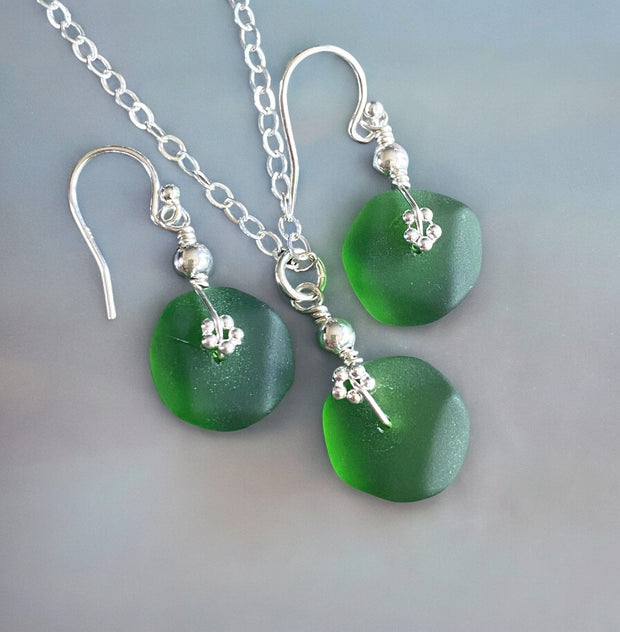 Green Beach Glass Jewelry, Shamrock Green Sea Glass  Necklace and Earrings in Sterling Silver, Sea Glass Necklace,  Sea Glass Jewelry SET,