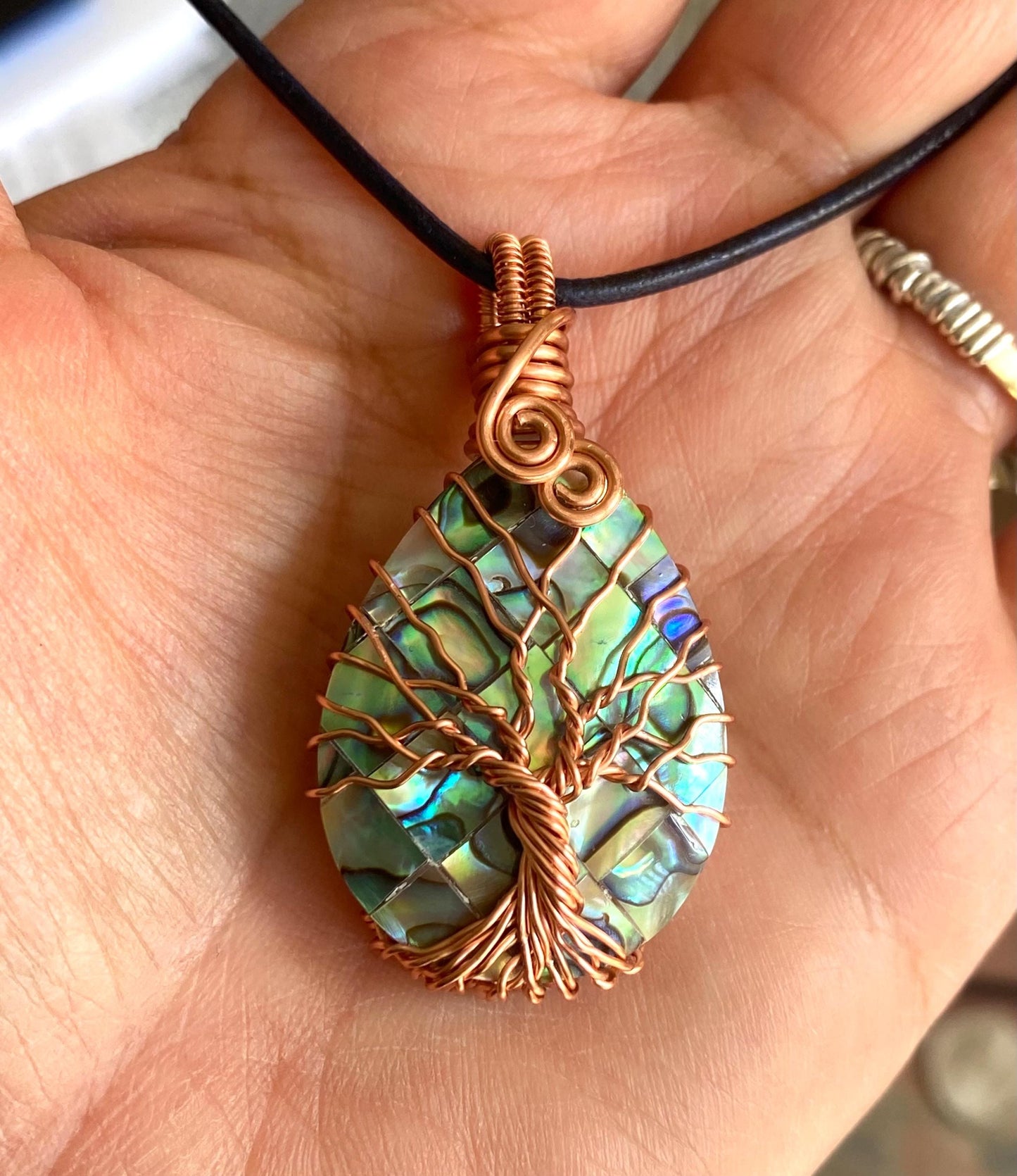Frameless Abalone Necklace, Wire Wrapped Abalone Pendant,Abalone Tree of Life Necklace  Leather,Abalone Necklace Copper,Paua Shell Jewelry