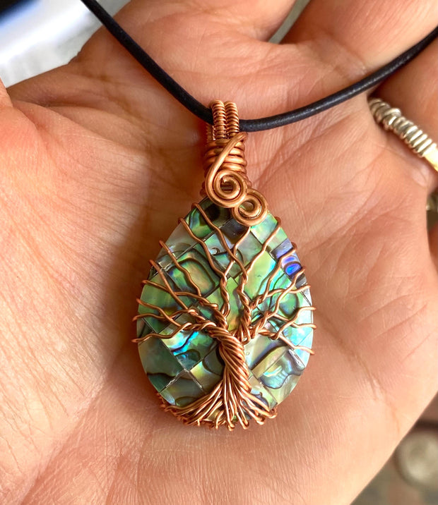 Frameless Abalone Necklace, Wire Wrapped Abalone Pendant,Abalone Tree of Life Necklace  Leather,Abalone Necklace Copper,Paua Shell Jewelry