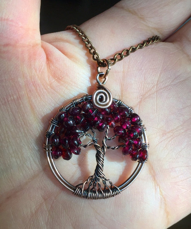 Garnet Necklace in Copper,Garnet tree of Life Necklace,Wire Wrapped Garnet Tree of Life,January Birthstone Tree of Life Jewelry, Red Garnet