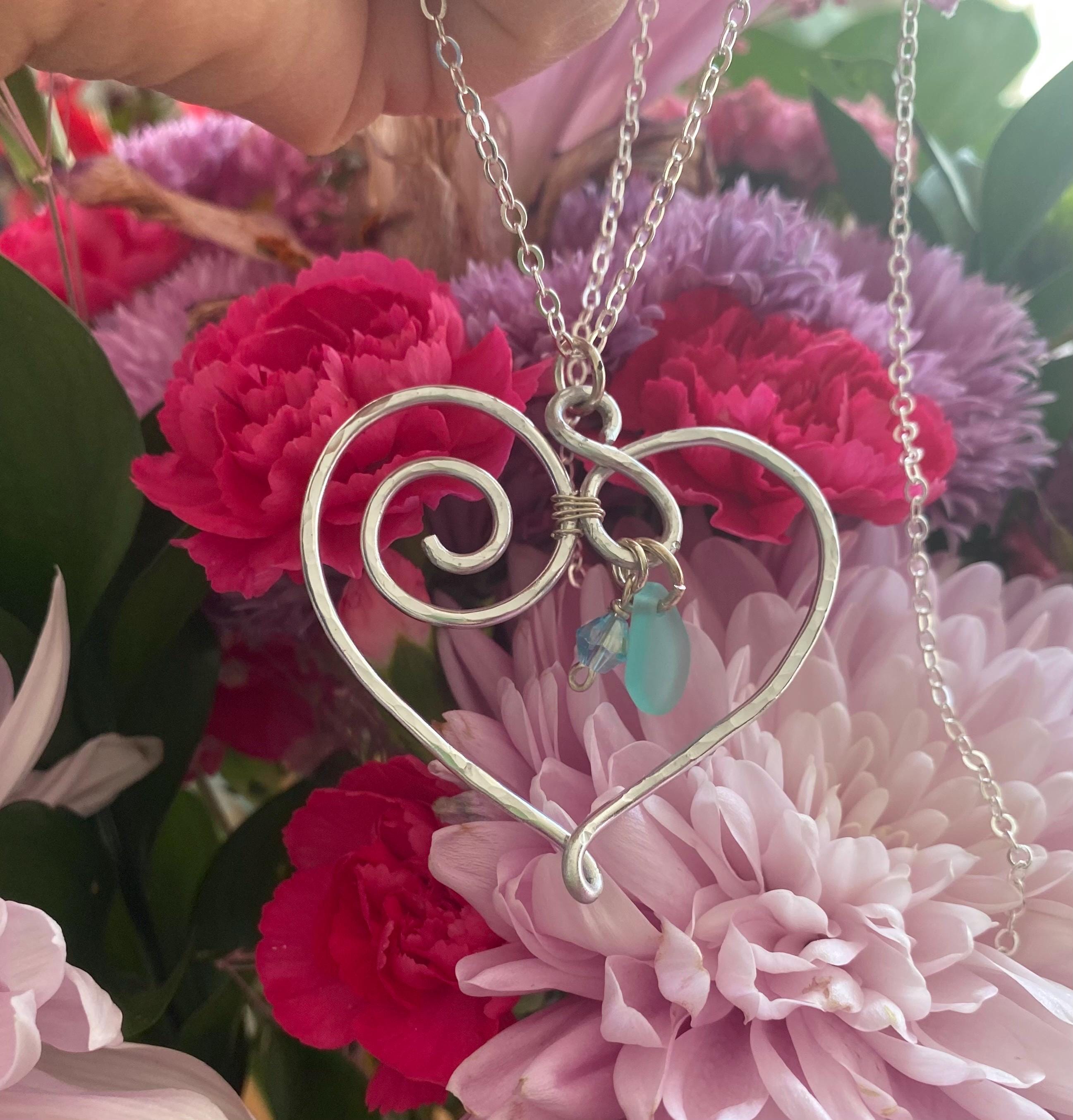 Wire Wrapped Heart Necklace with Sea Glass, Heart Pendant Necklace, Beach Glass Heart Necklace, Love Heart Necklace,Statement Wired Necklace