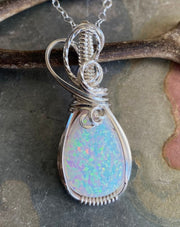 White Opal Necklace,STERLING Silver October Opal Birthstone Necklace,Wire Wrapped Lab Created White Opal Necklace,