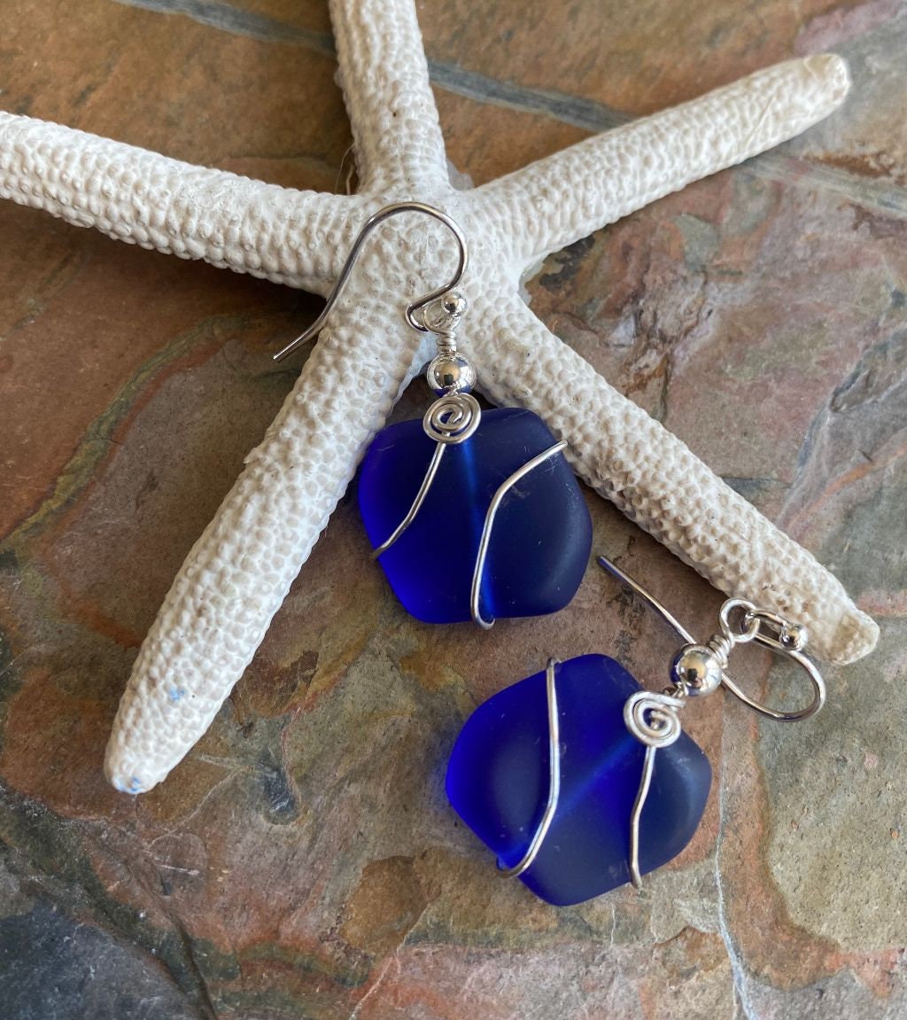 Unique artisan-crafted blue sea glass earrings, Cobalt Blue Sea Glass Earrings in Sterling Silver, Beach Weddings, Blue Sea glass Earrings,