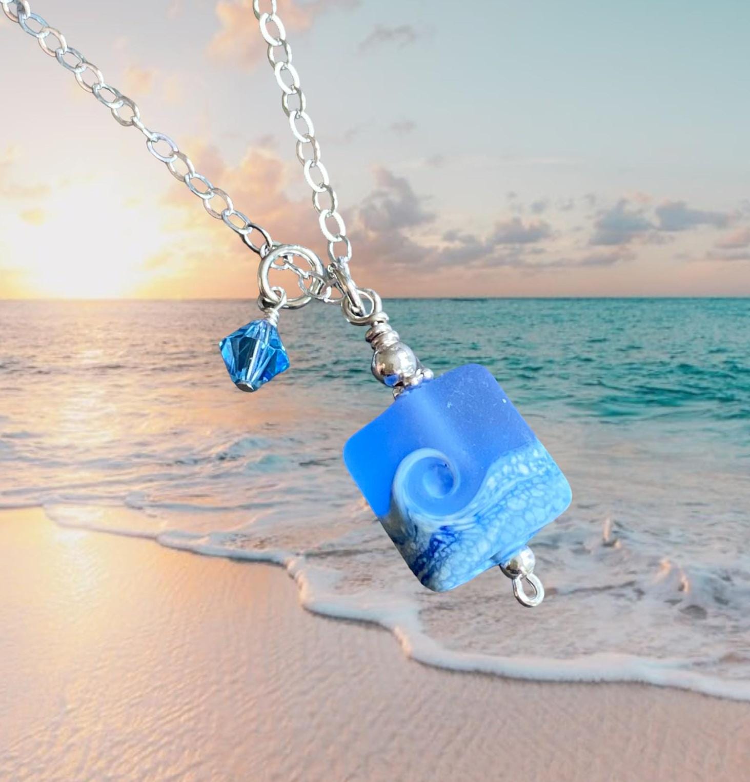 Ocean Beach Wave Necklace, Blue Beach Wave Necklace,Ocean Wave Lampwork Pendant, Beach Wave Jewelry, Blue Sea Glass Necklace sterling silver