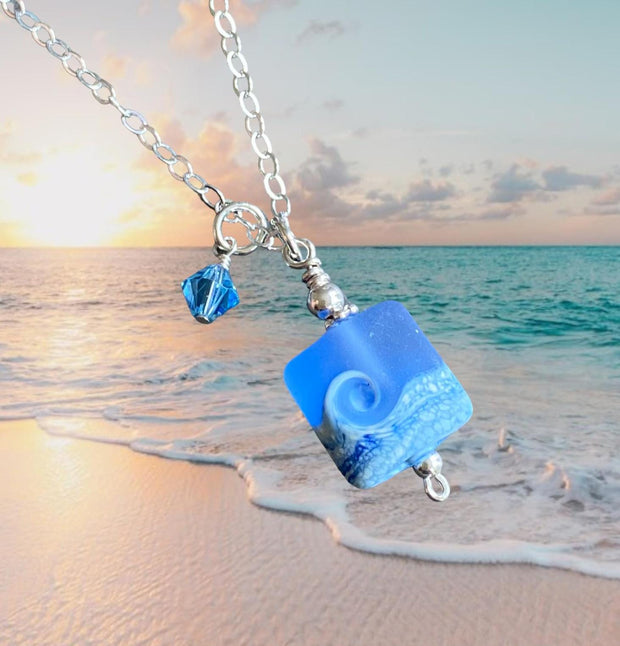 Ocean Beach Wave Necklace, Blue Beach Wave Necklace,Ocean Wave Lampwork Pendant, Beach Wave Jewelry, Blue Sea Glass Necklace sterling silver