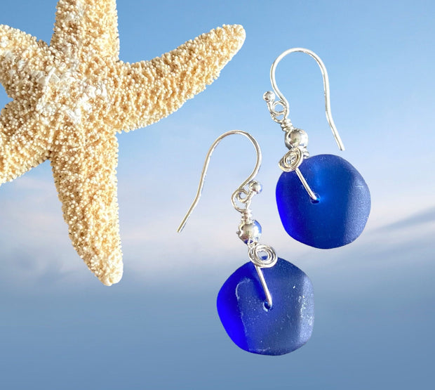 Hand Crafted Cobalt Blue Beach Glass Jewelry in sterling silver, Pacific Blue Sea Glass  Earrings, Sea Glass Earrings, Beach Glass Jewelry