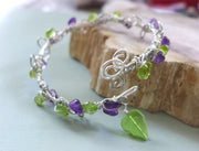 Wire Wrapped Peridot/Amethyst Bracelet, Adjustable Silver bracelet,Birthstone Bracelet,