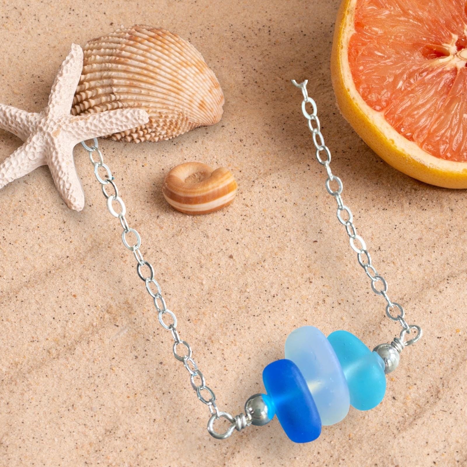 Sea Glass Necklace Beach Style Pendant with Sterling Silver Chain, Minimalist Design Ocean Light Weight Bohemian Necklace, Choose Colors