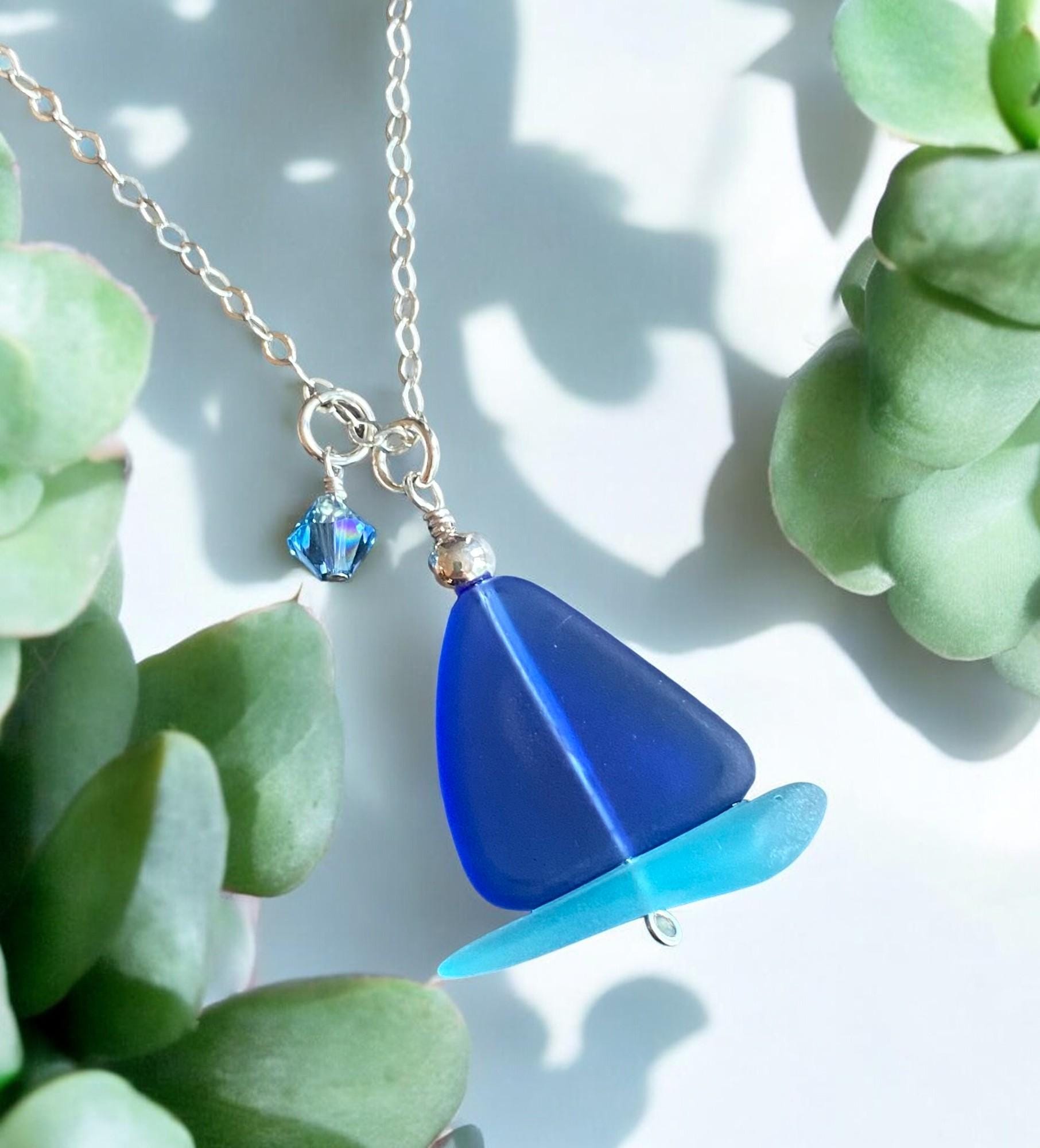 Handmade Sail Boat Blue Sea Glass Necklace in Sterling Silver, Blue Sea Glass Necklace, Beach-inspired blue sea glass Sail Boat Necklace