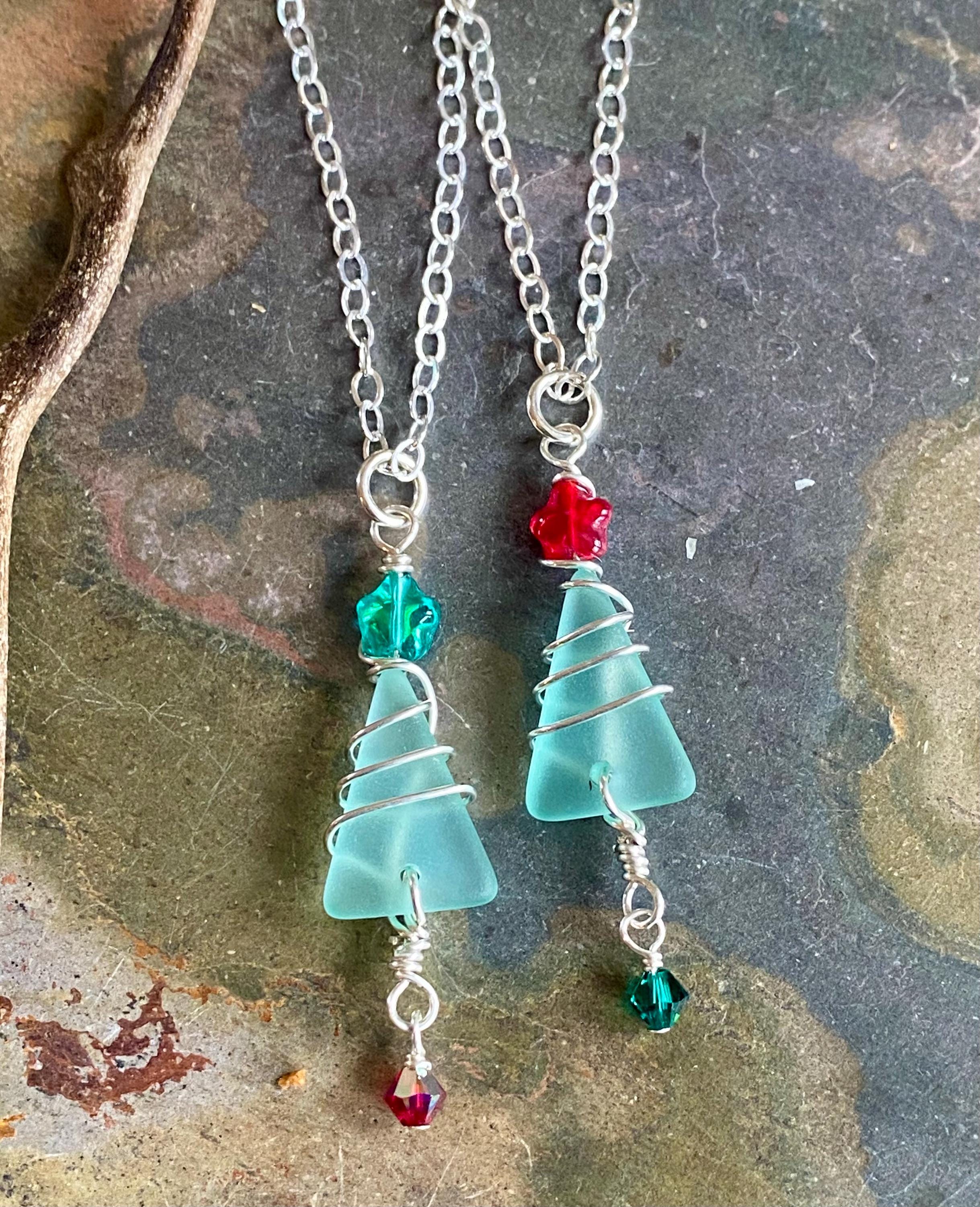 Sterling Silver Wired Christmas Tree Necklace, Sea Glass Christmas Tree Necklace, Holiday Jewelry, Holiday Gifts for Her, Coastal Holiday