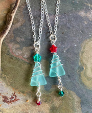 Christmas Tree Necklace, Sea Glass Christmas Tree Necklace, Holiday Jewelry