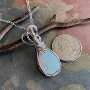 White Opal Necklace,STERLING Silver October Opal Birthstone Necklace,Wire Wrapped Lab Created White Opal Necklace,