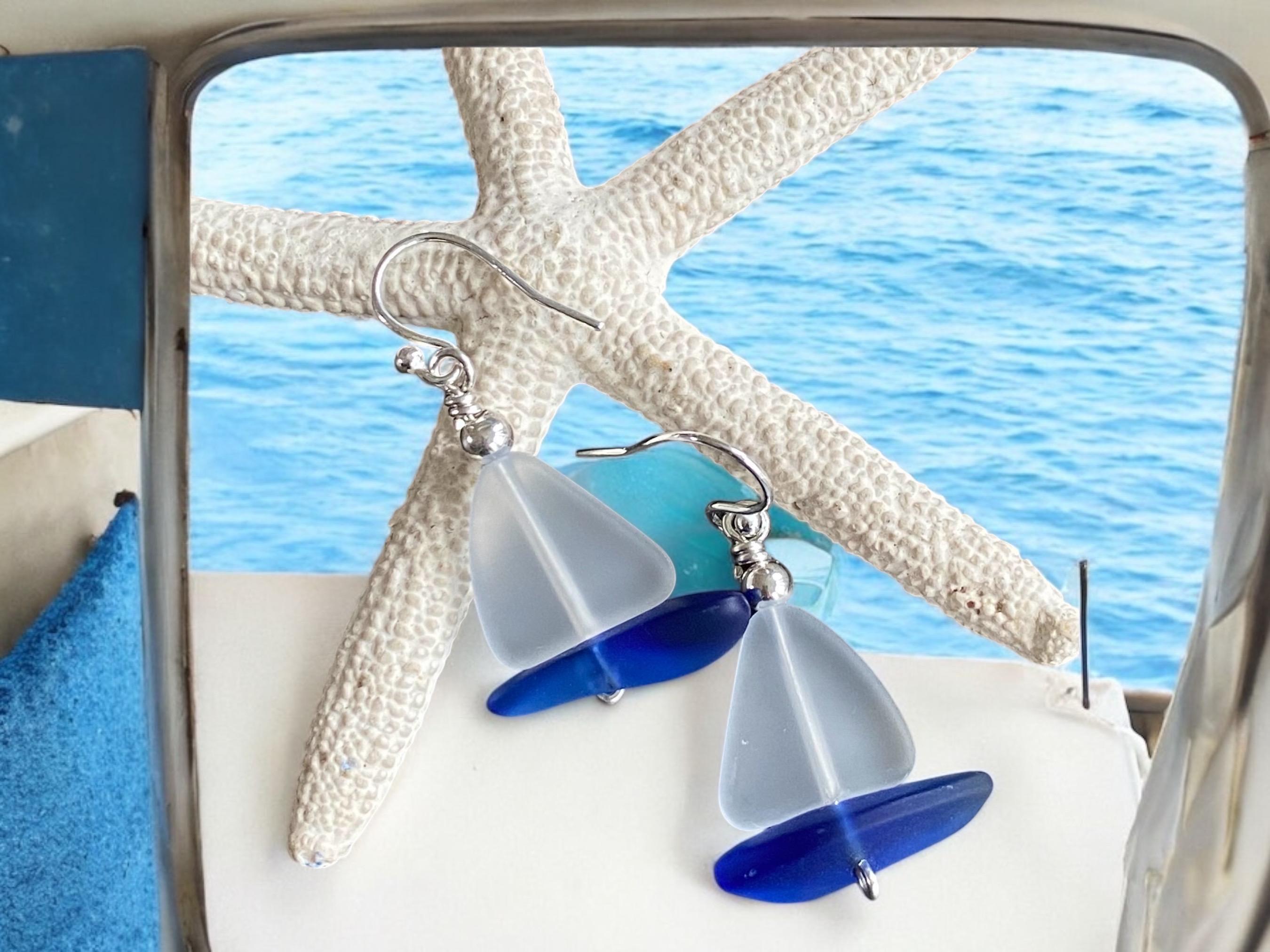 White Sea Glass Sailboat Earrings in Sterling Silver, Ocean-Inspired Beach Glass Sailboat Necklace and Earring SET,  Nautical Beach Jewelry"