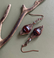 Jasper Earrings, Brecciated Red Jasper dangle earrings in Antiqued Copper Wire, Wire Wrapped Herringbone Jasper dangle earrings